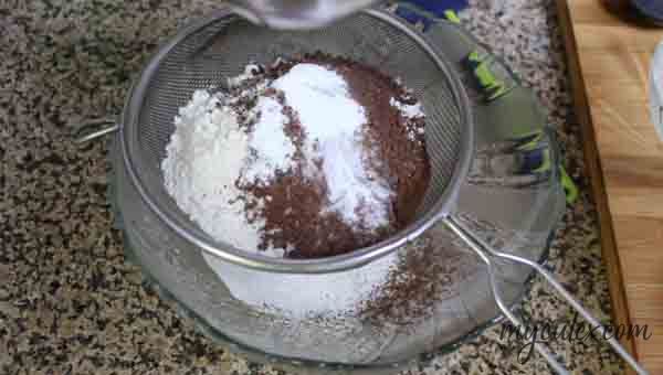 Chocolate cake. Sieve flour, cocoa pdr, salt, baking pdr & baking soda.