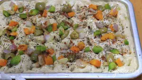 17. Top with herbs, and veggies. . Brush with olive oil. Bake