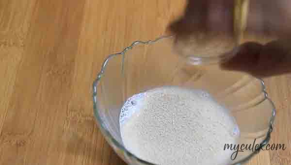 add sugar and yeast to lukewarm milk
