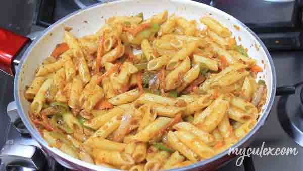9. Penne pasta in marinara sauce is ready.