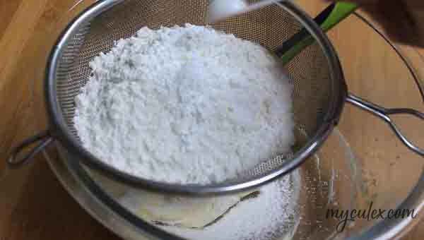 4. Sift and add flour, cornflour, baking powder, baking soda and salt.