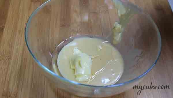 1. To a mixing bowl add condensed milk, butter and oil.