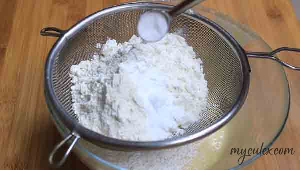 4. Sift and add all purpose flour, baking powder and baking soda.