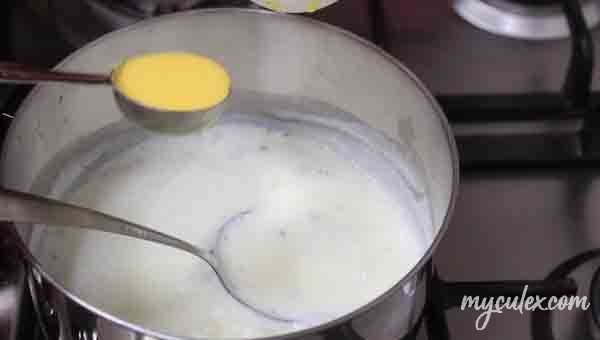 10. Add custard milk mixture. Simmer.