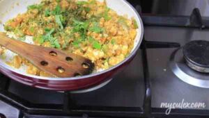 9. Saute till liquids dry. Add kasuri methi and coriander leaves and chaat masala. .